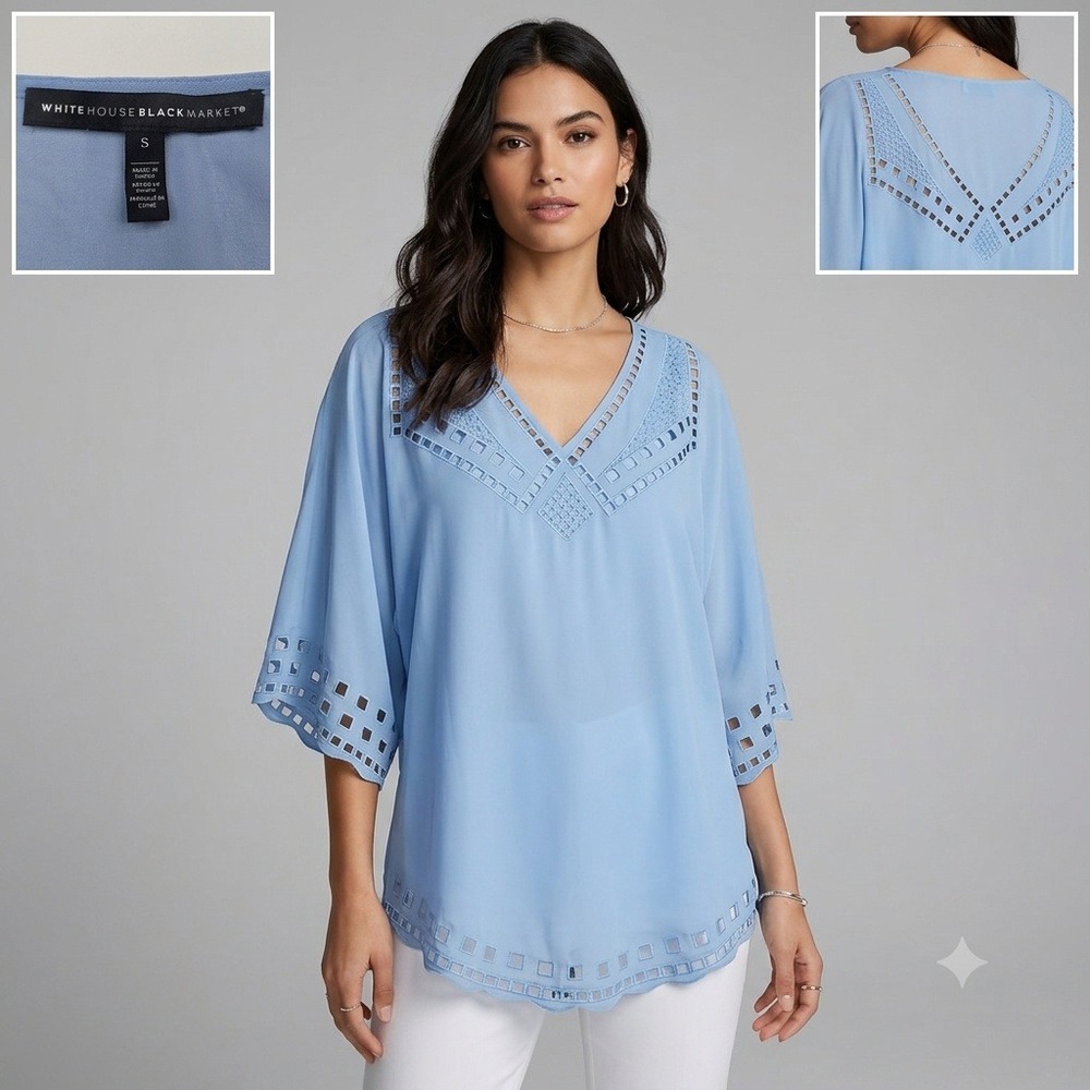 White House Black Market Blouse Women Small Blue Lattice Cutout V-Neck Dolman